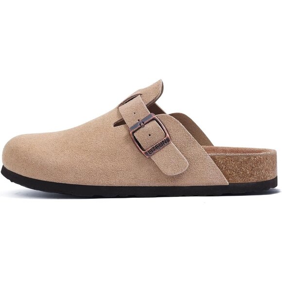 Women's Taupe Genuine Suede Clogs Soft Footbed Leather Comfort Slip On Shoes - Picture 4 of 6